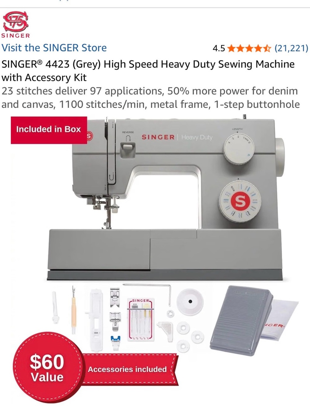 Singer 4423 High-Speed Heavy Duty Sewing Machine — Grey NEVER USED IN BOX